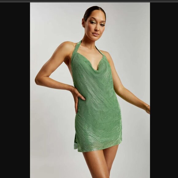 Meilani Low Back Diamante Mesh Mini Dress - Green size XS - Picture 3 of 16